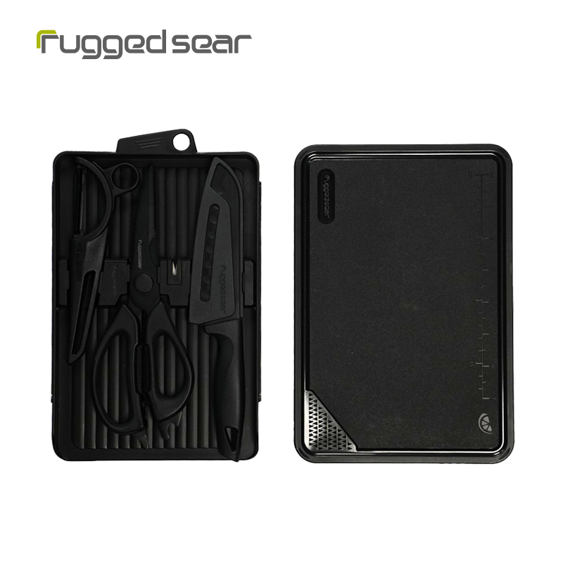 Rugged Sear Portable Camping Cooking Utensil Set with Cutting Board, Santoku Knife, Kitchen Shears, Peeler and Compact Storage Case