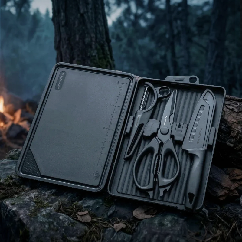 Rugged Sear Portable Camping Cooking Utensil Set with Cutting Board, Santoku Knife, Kitchen Shears, Peeler and Compact Storage Case