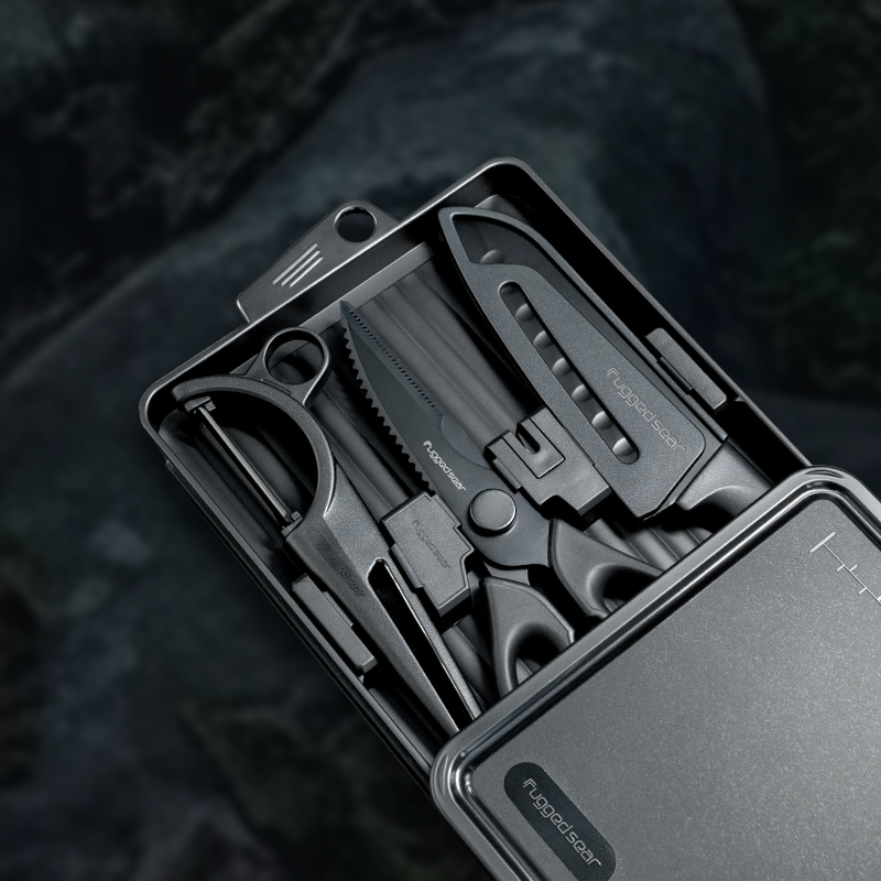 Rugged Sear Portable Camping Cooking Utensil Set with Cutting Board, Santoku Knife, Kitchen Shears, Peeler and Compact Storage Case