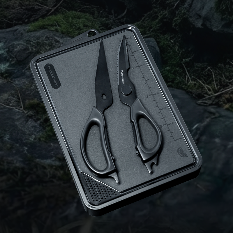 Rugged Sear Portable Camping Cooking Utensil Set with Cutting Board, Santoku Knife, Kitchen Shears, Peeler and Compact Storage Case