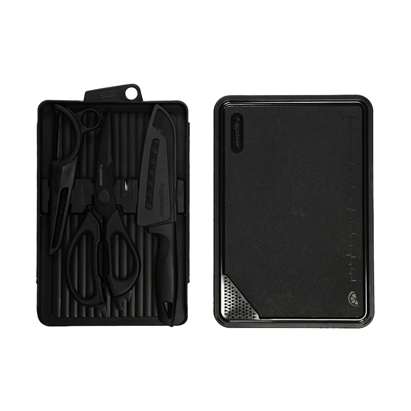 Rugged Sear Portable Camping Cooking Utensil Set with Cutting Board, Santoku Knife, Kitchen Shears, Peeler and Compact Storage Case