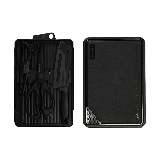 Rugged Sear Portable Camping Cooking Utensil Set with Cutting Board, Santoku Knife, Kitchen Shears, Peeler and Compact Storage Case